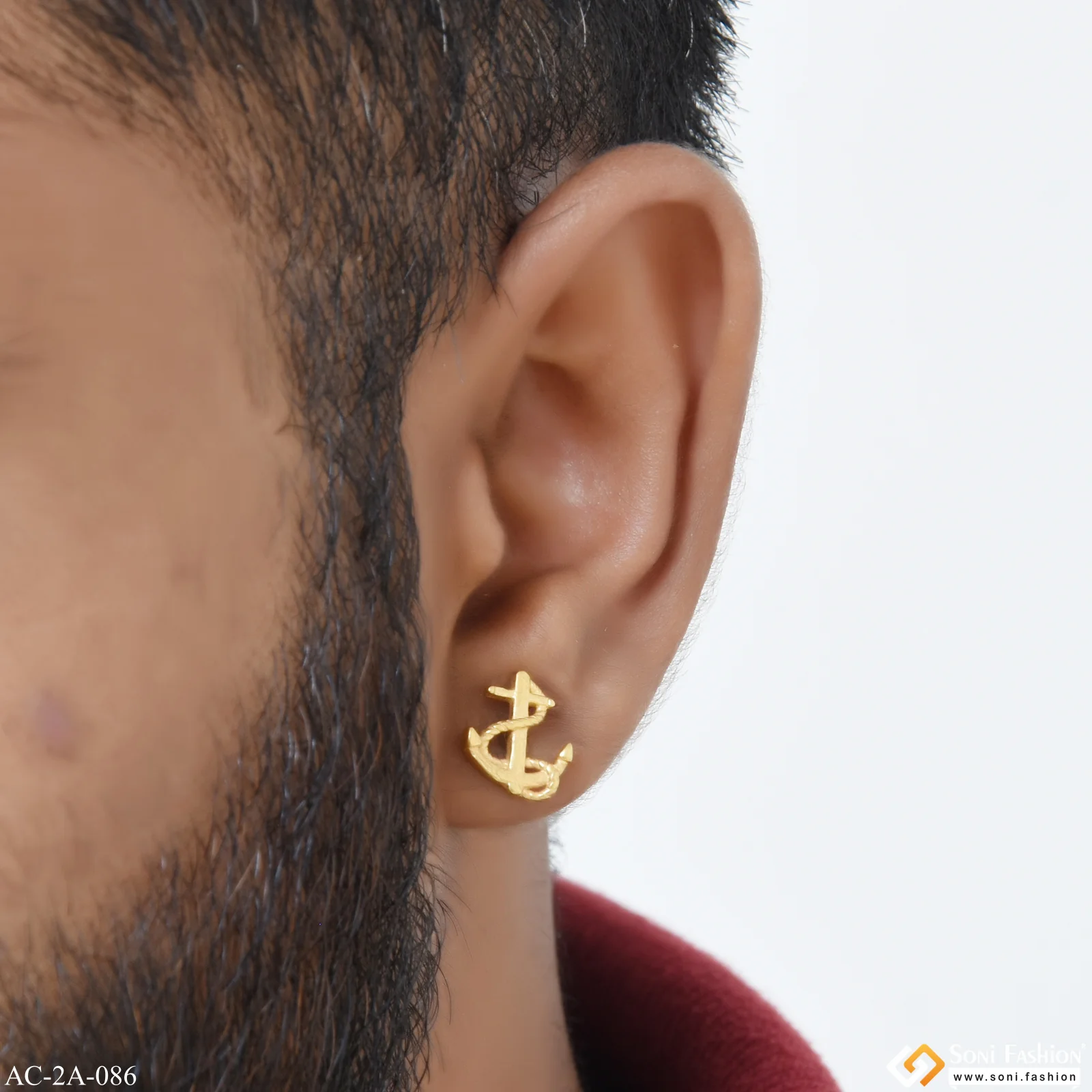 Golden Anchor Design Surgical Steel Stud Earring for Men (2 Pc) - Style A086 - Image 2
