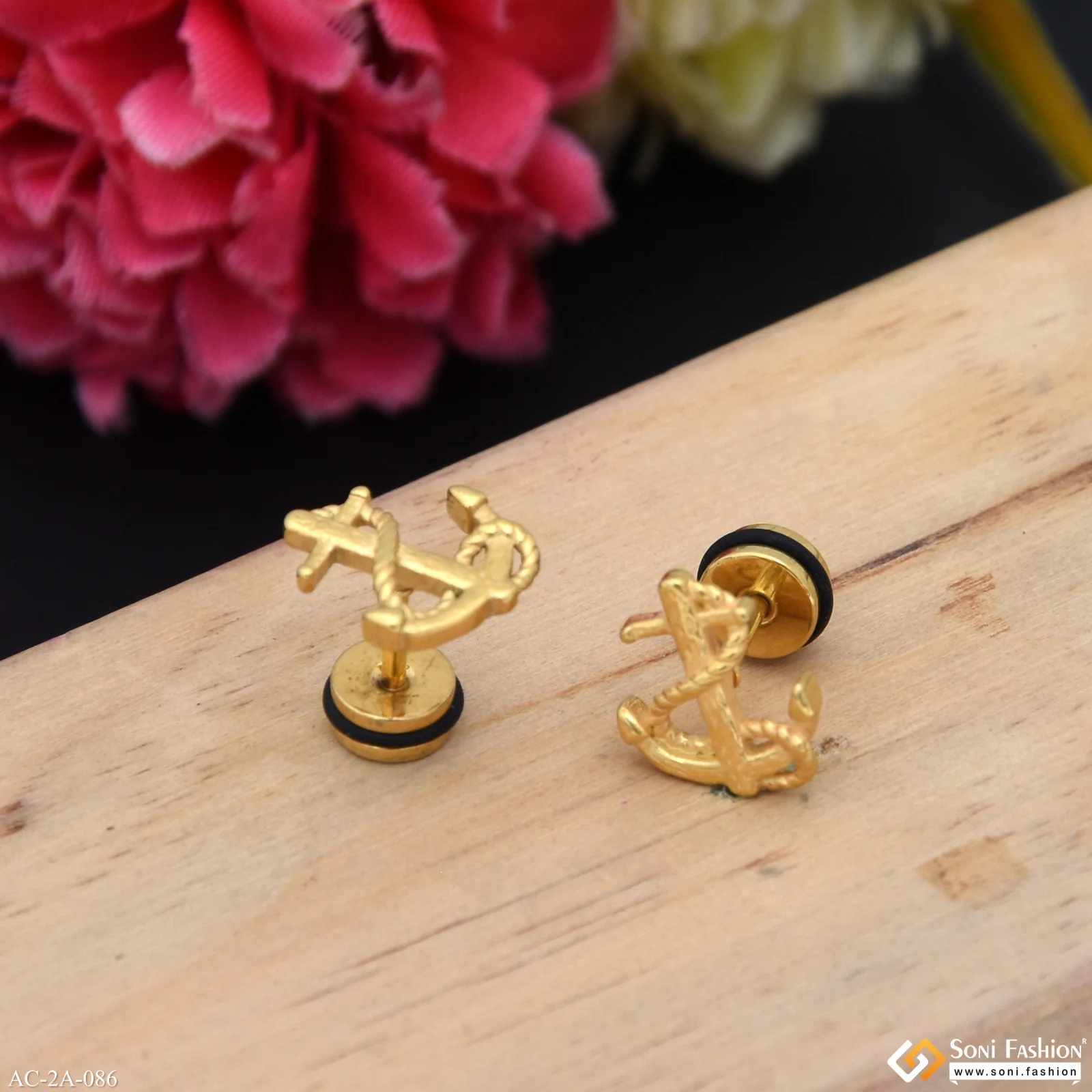 Golden Anchor Design Surgical Steel Stud Earring for Men (2 Pc) - Style A086 - Image 3