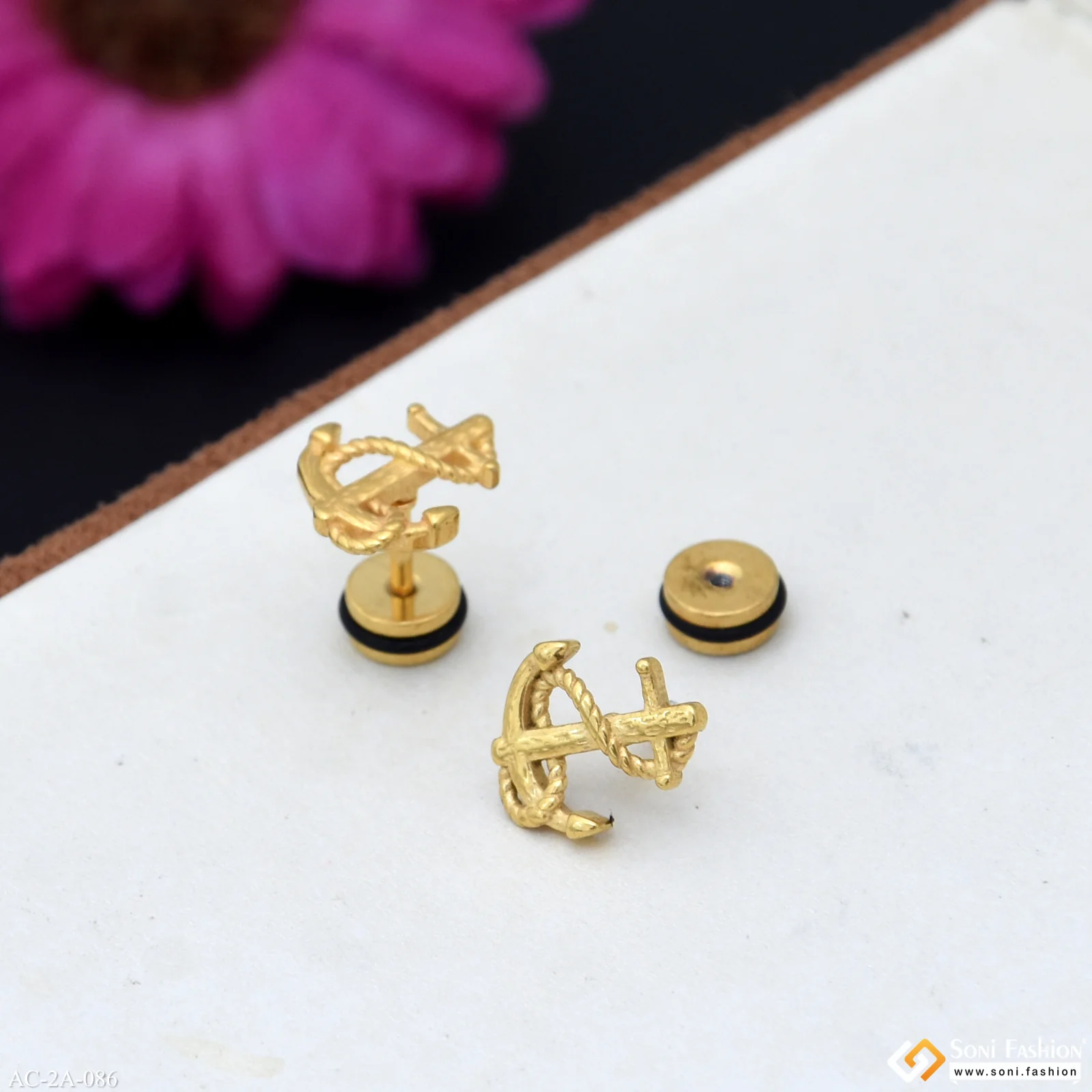 Golden Anchor Design Surgical Steel Stud Earring for Men (2 Pc) - Style A086 - Image 4