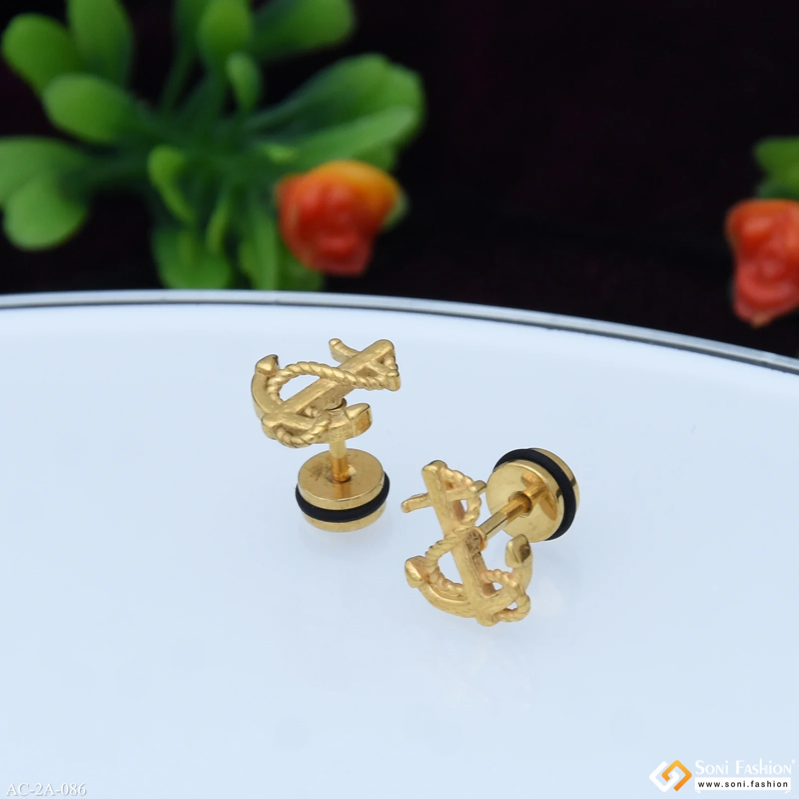 Golden Anchor Design Surgical Steel Stud Earring for Men (2 Pc) - Style A086 - Image 5