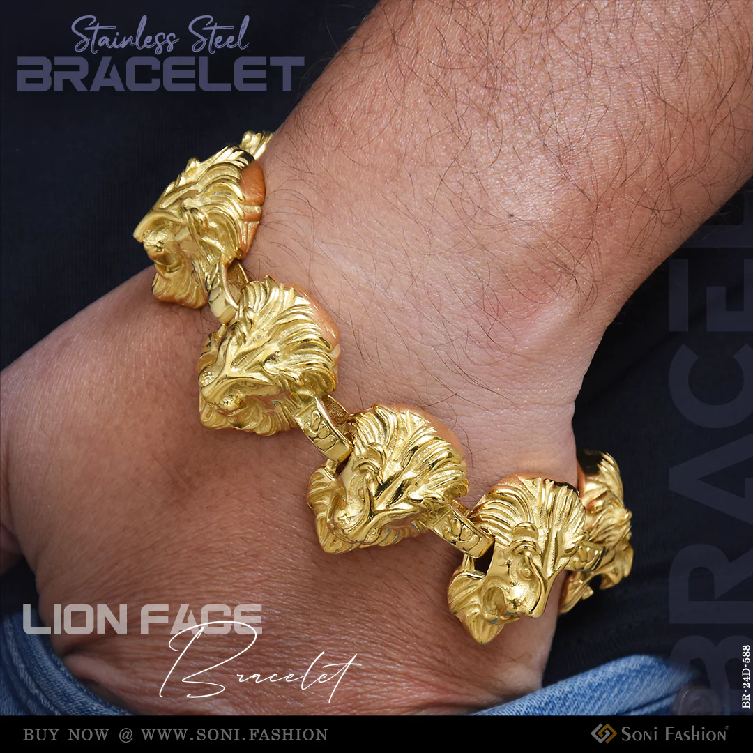 Golden Color Lion Face Stainless Steel Bracelet for Men - Style D588