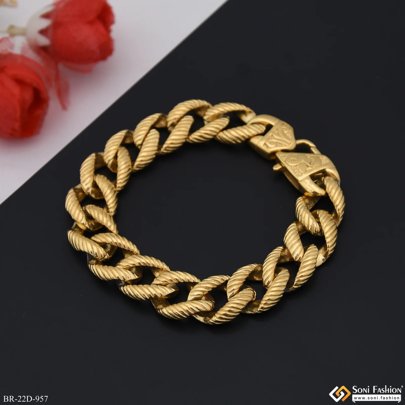 Golden Color Stainless Steel Cuban Link Bracelet - Style D957 - Image 3