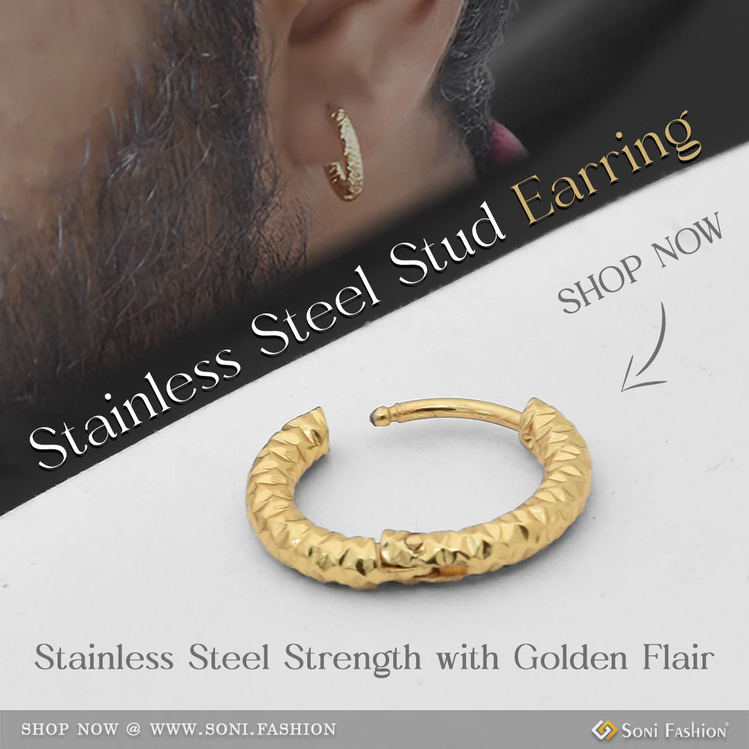 Golden Color Stainless Steel Stud Earring For Men (2 Pc) - Style A092