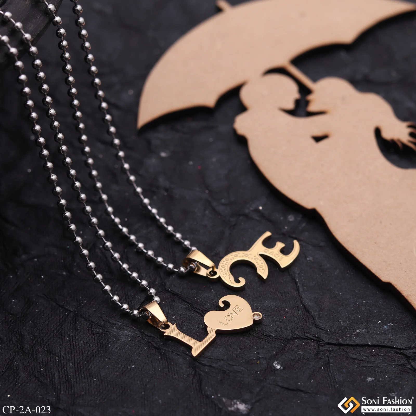 Golden Love Couple Locket With 2 Chain For Anniversary Gift Stainless Steel Pendant Set - Style A023 - Image 3
