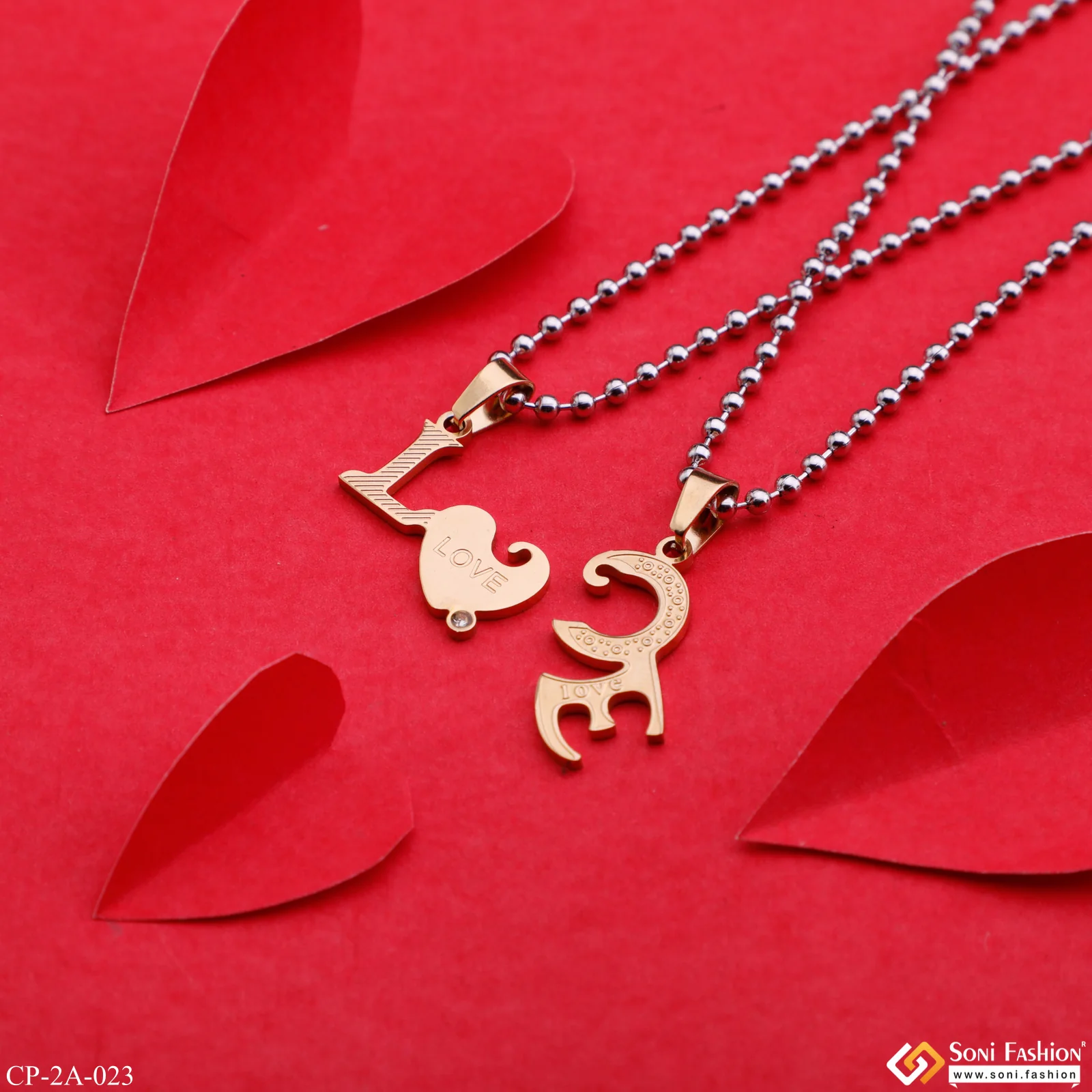 Golden Love Couple Locket With 2 Chain For Anniversary Gift Stainless Steel Pendant Set - Style A023 - Image 5