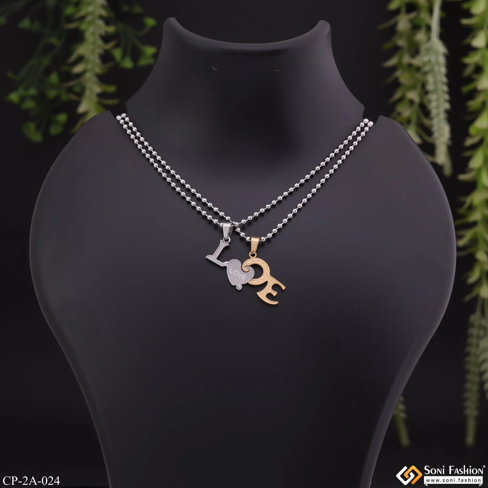 Golden Silver Love Couple Locket With 2 Chain For Anniversary Gift Pendant Set - Style A024