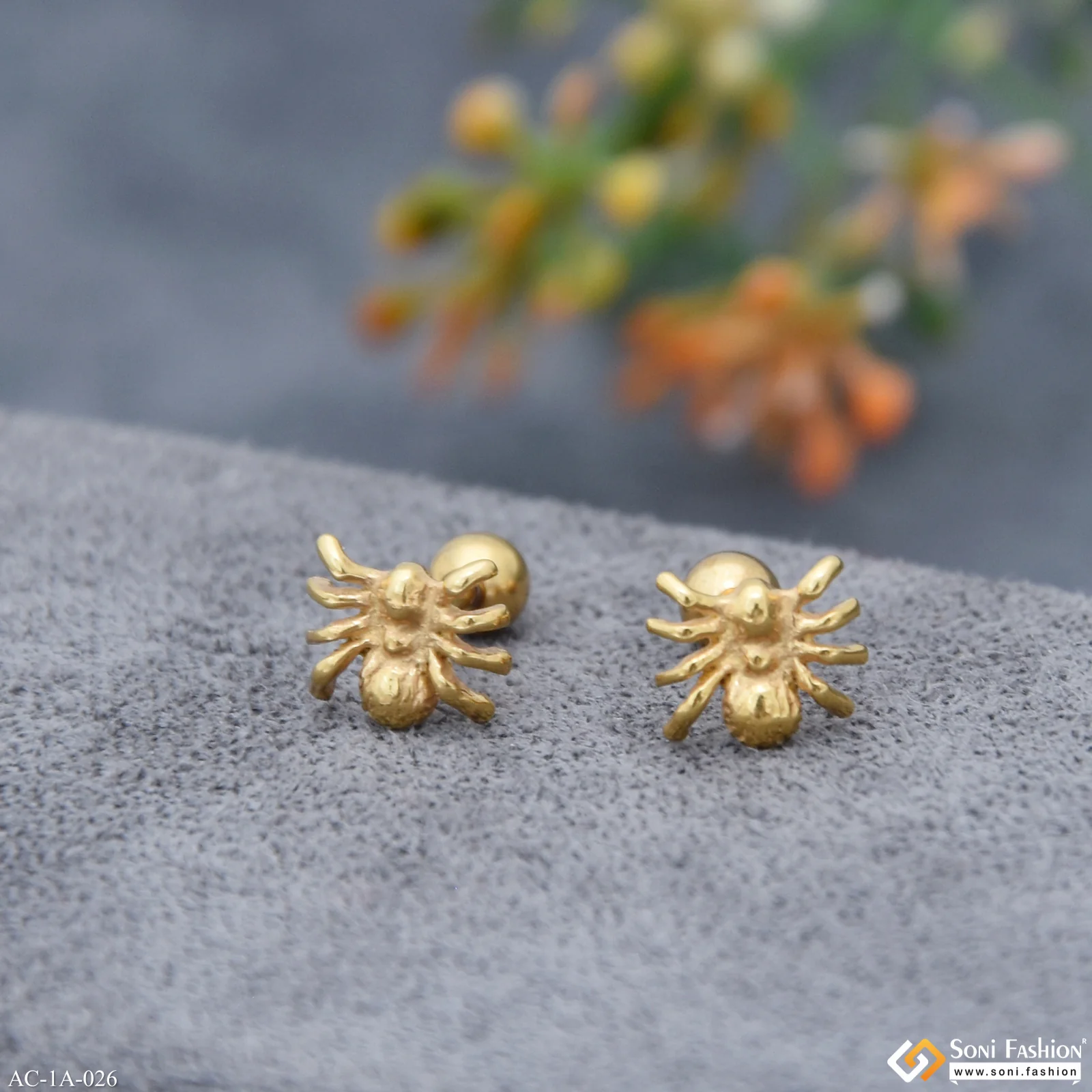 Golden Spider Design Surgical Steel Stud Earring for Men (2 Pc) - Style A026 - Image 3