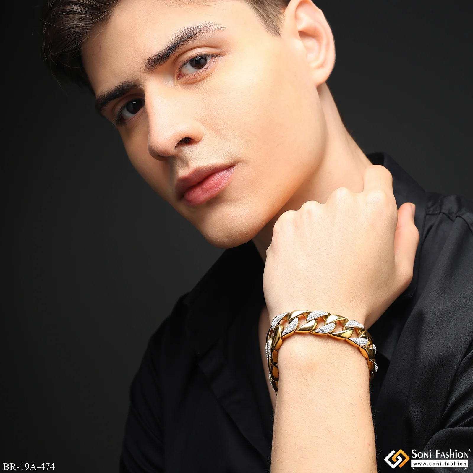 Big Golden Stainless Steel Superior Quality Bracelet With Diamonds - Style A474 - Image 3