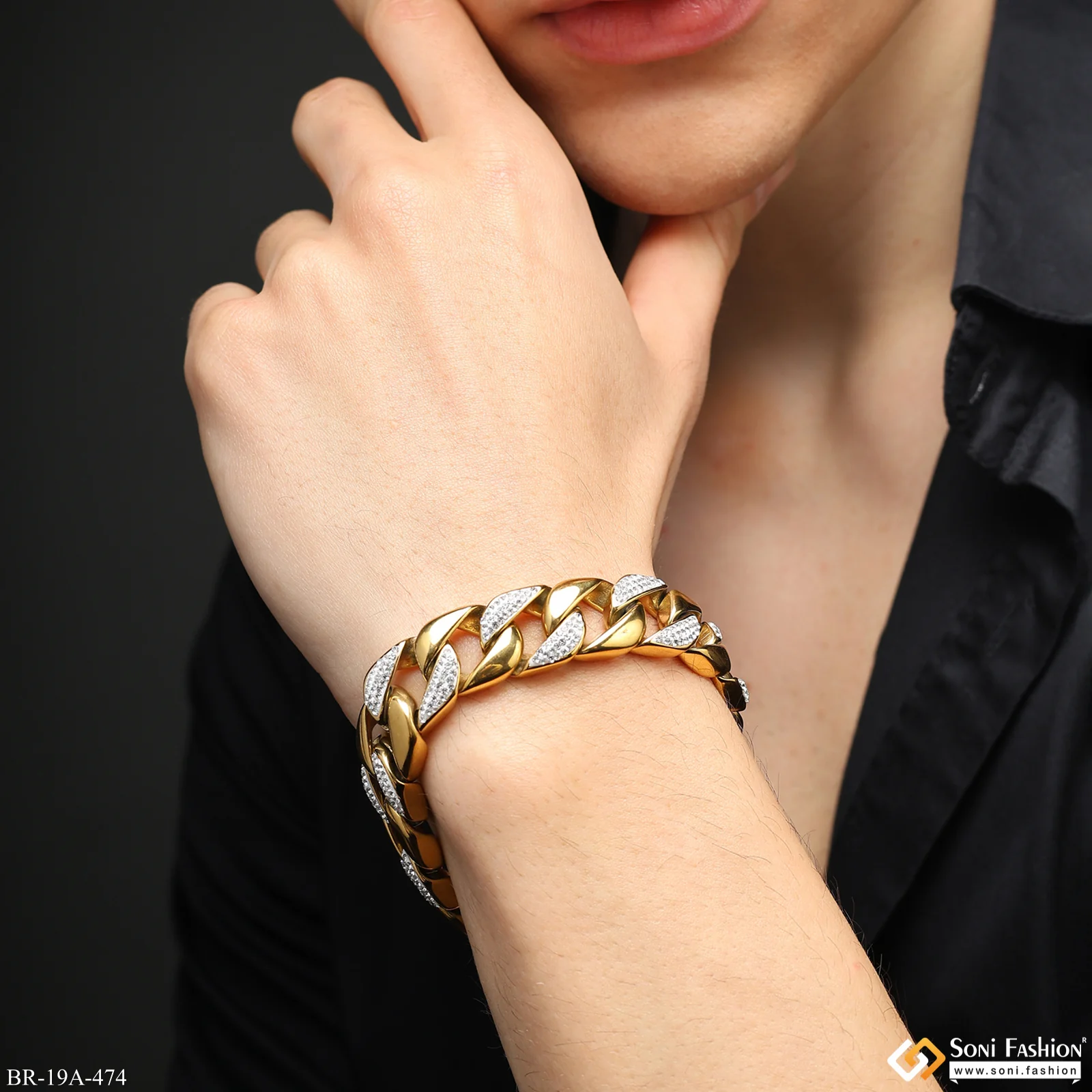 Big Golden Stainless Steel Superior Quality Bracelet With Diamonds - Style A474 - Image 4