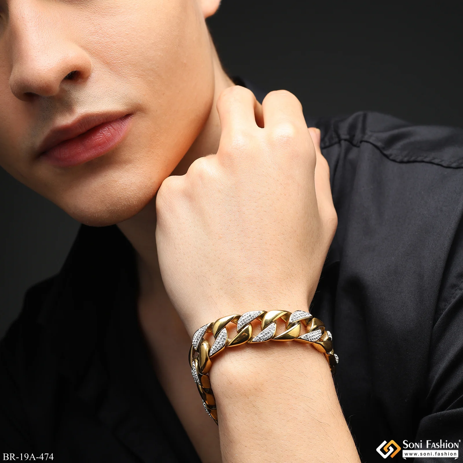 Big Golden Stainless Steel Superior Quality Bracelet With Diamonds - Style A474 - Image 5