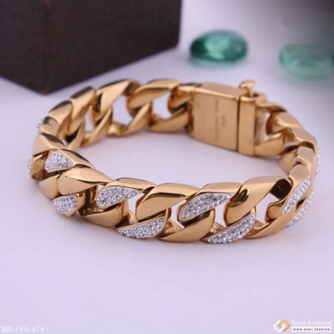 Big Golden Stainless Steel Superior Quality Bracelet With Diamonds - Style A474 - Image 7