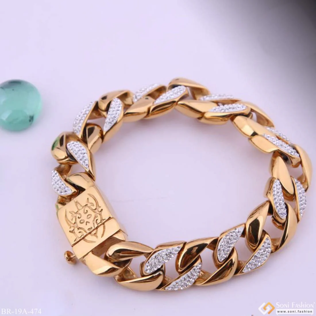 Big Golden Stainless Steel Superior Quality Bracelet With Diamonds - Style A474 - Image 8