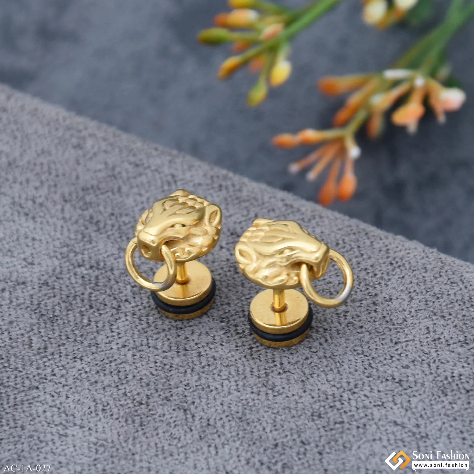 Golden Wolf Face Surgical Steel Stud Earring for Men (2 Pc) - Style A027 - Image 3