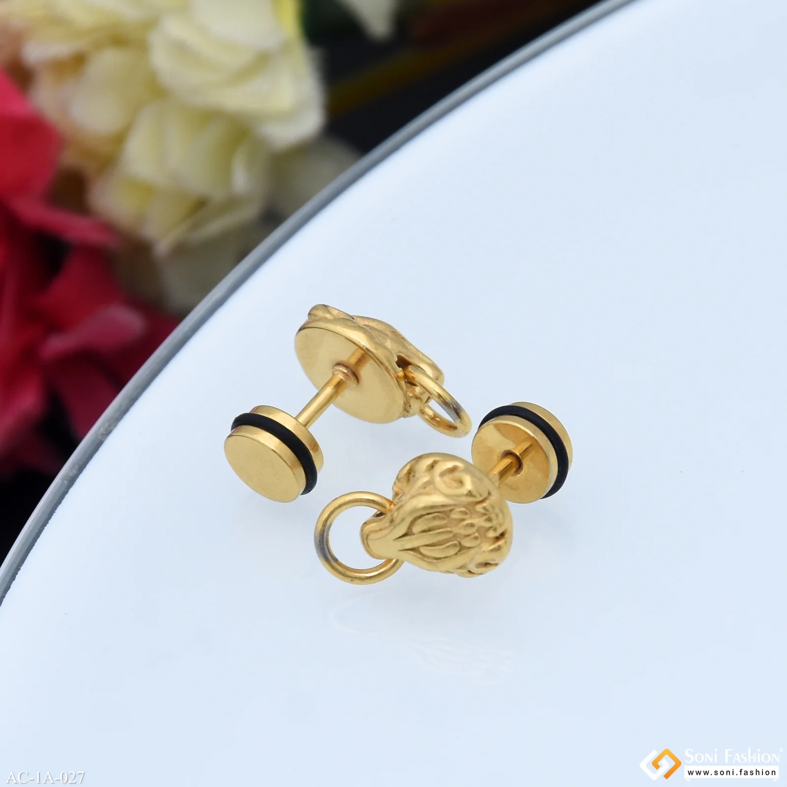 Golden Wolf Face Surgical Steel Stud Earring for Men (2 Pc) - Style A027 - Image 4
