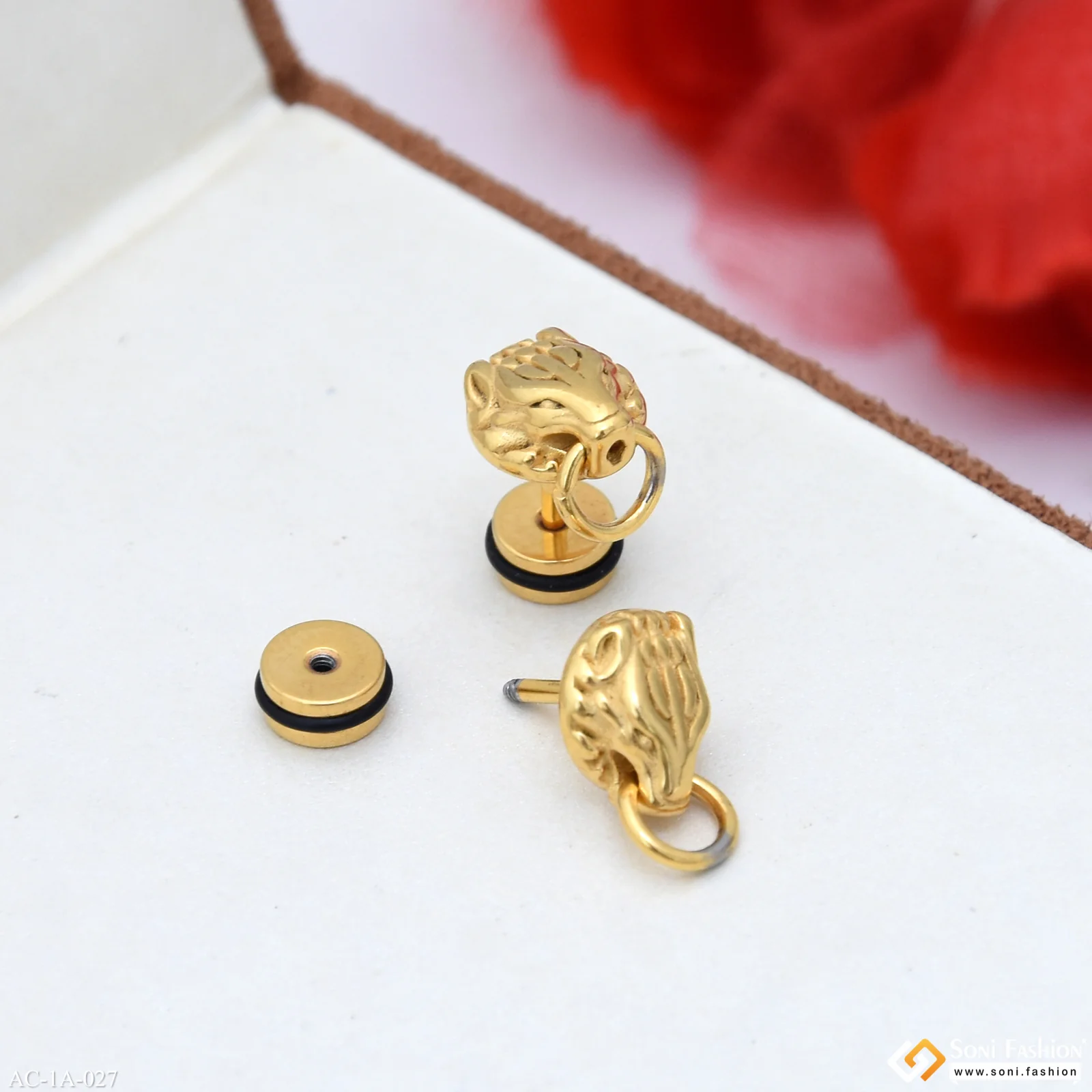 Golden Wolf Face Surgical Steel Stud Earring for Men (2 Pc) - Style A027 - Image 5