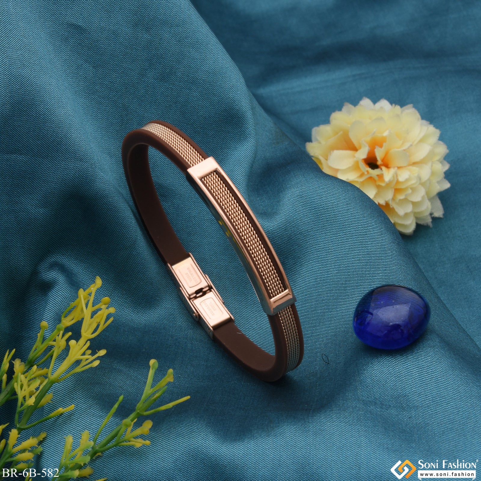 Gorgeous Design Brown and Rose Gold Stainless Steel Rubber Bracelet - Style B582 - Image 3