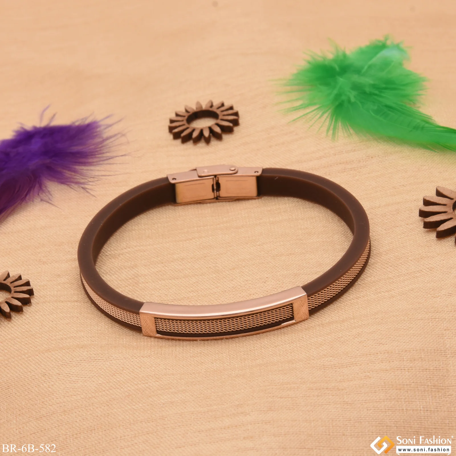 Gorgeous Design Brown and Rose Gold Stainless Steel Rubber Bracelet - Style B582 - Image 4