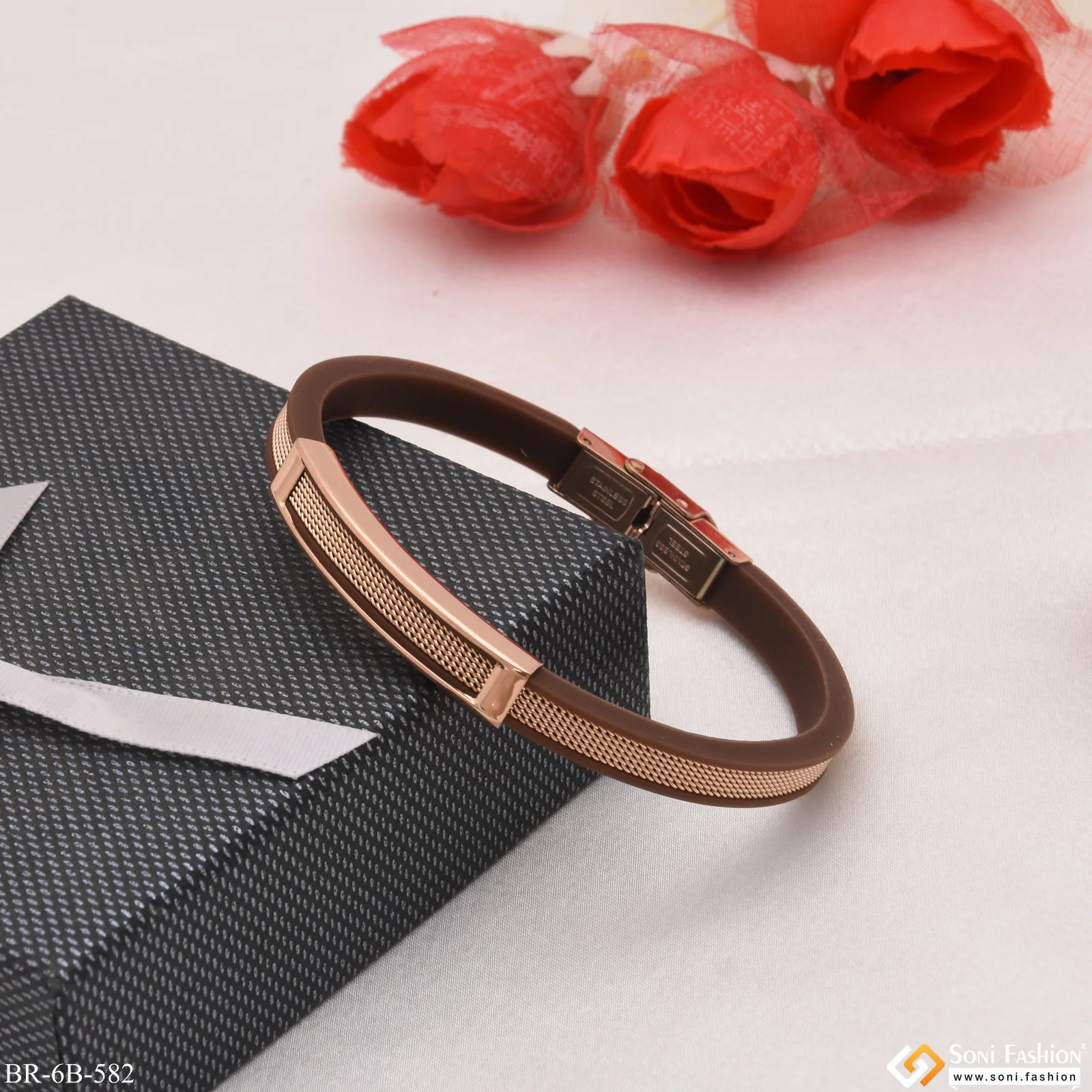 Gorgeous Design Brown and Rose Gold Stainless Steel Rubber Bracelet - Style B582 - Image 5