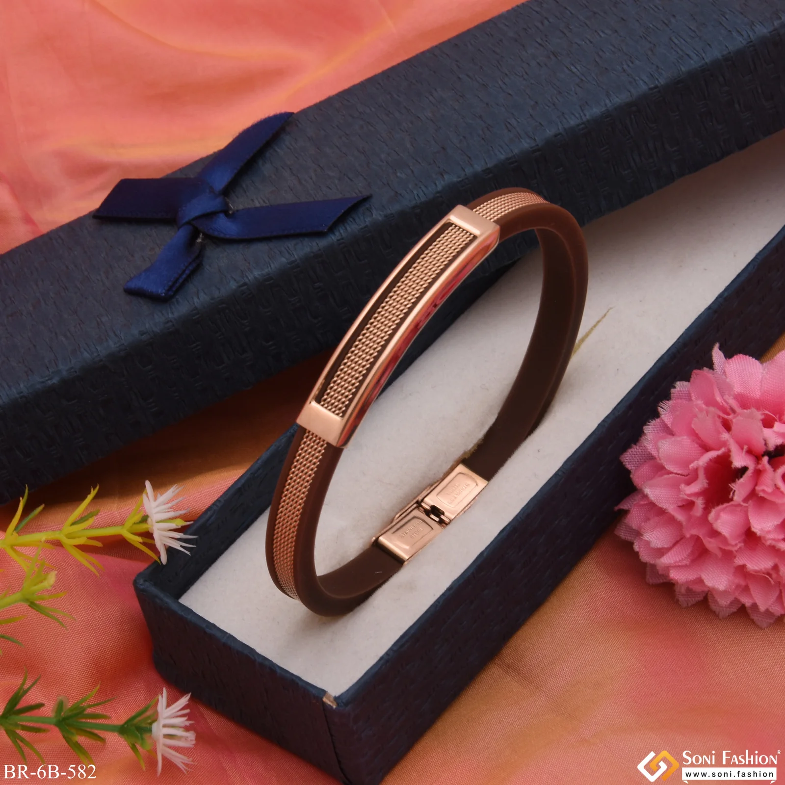 Gorgeous Design Brown and Rose Gold Stainless Steel Rubber Bracelet - Style B582 - Image 6