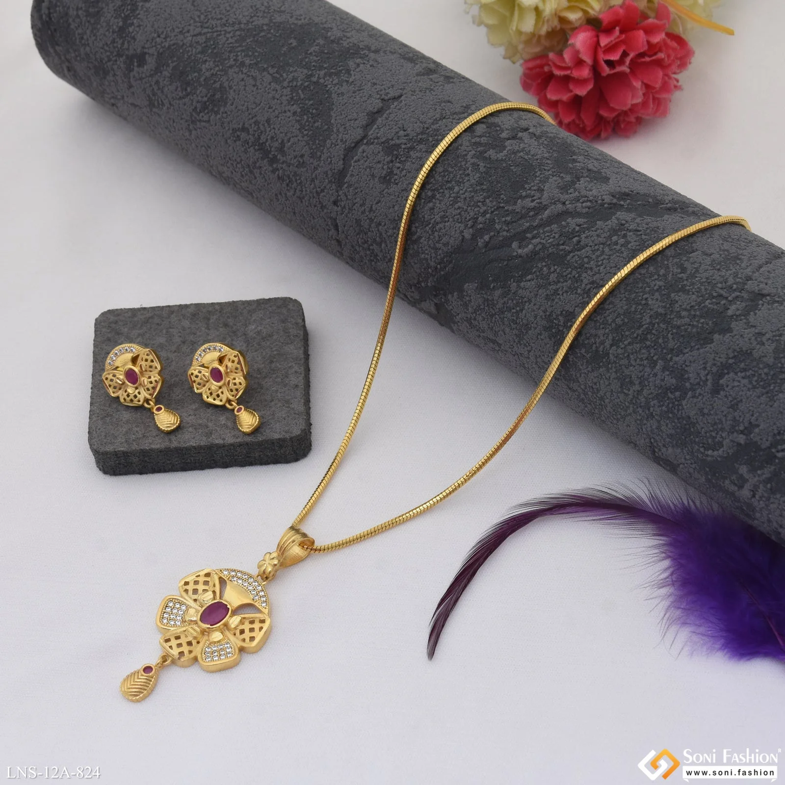 Gorgeous Design Gold Plated Necklace Set for Ladies - Style A824 - Image 3