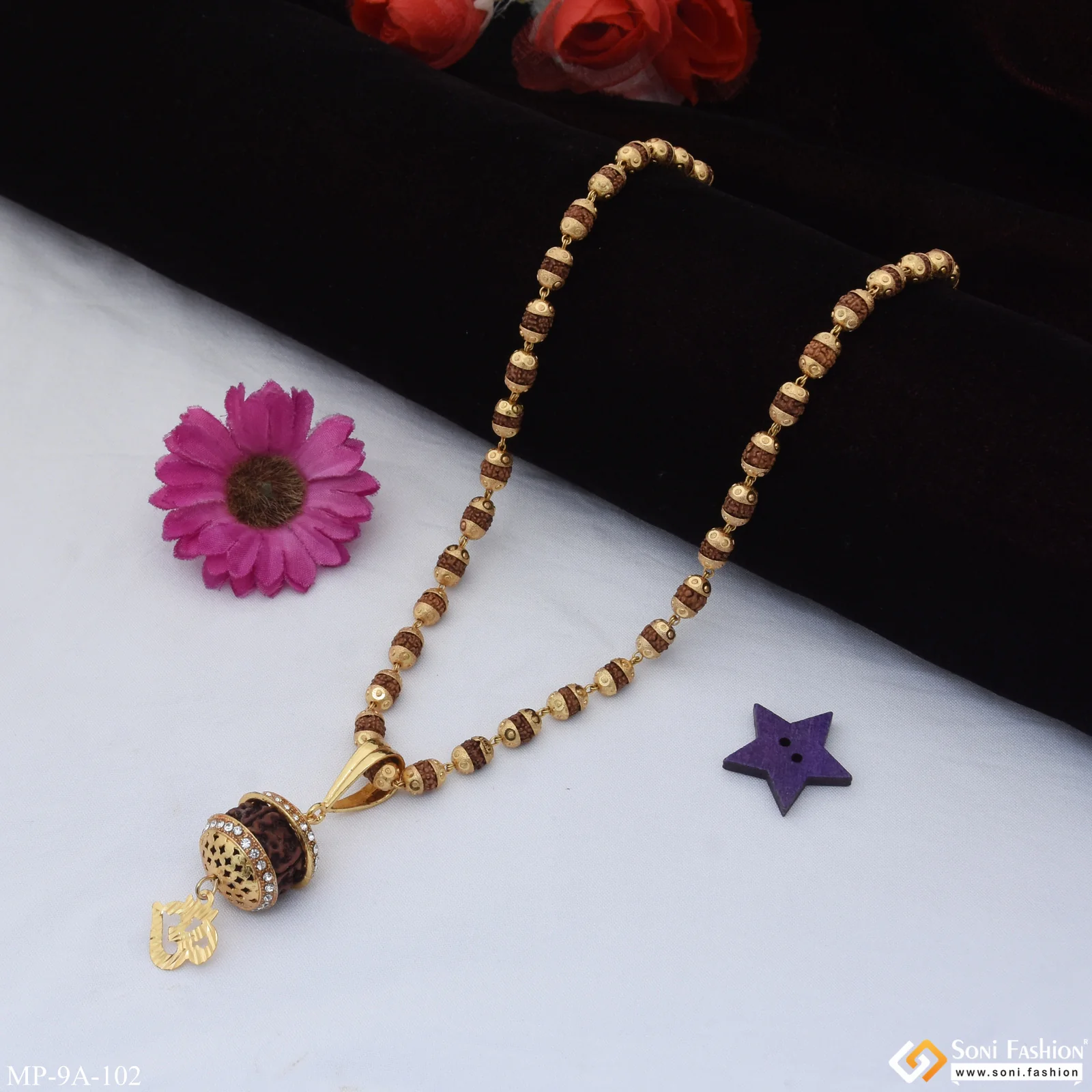 Gorgeous Design Gold Plated Rudraksha Mala with Pendant for Men - Style A102 - Image 3