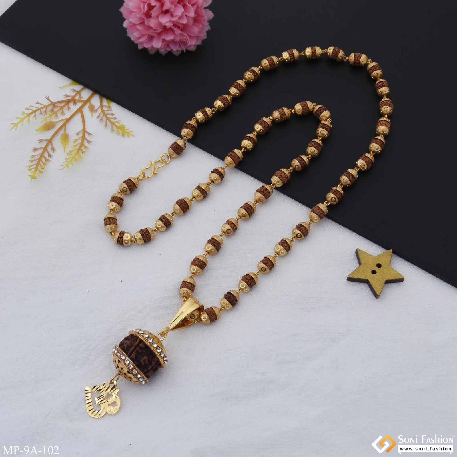 Gorgeous Design Gold Plated Rudraksha Mala with Pendant for Men - Style A102 - Image 5