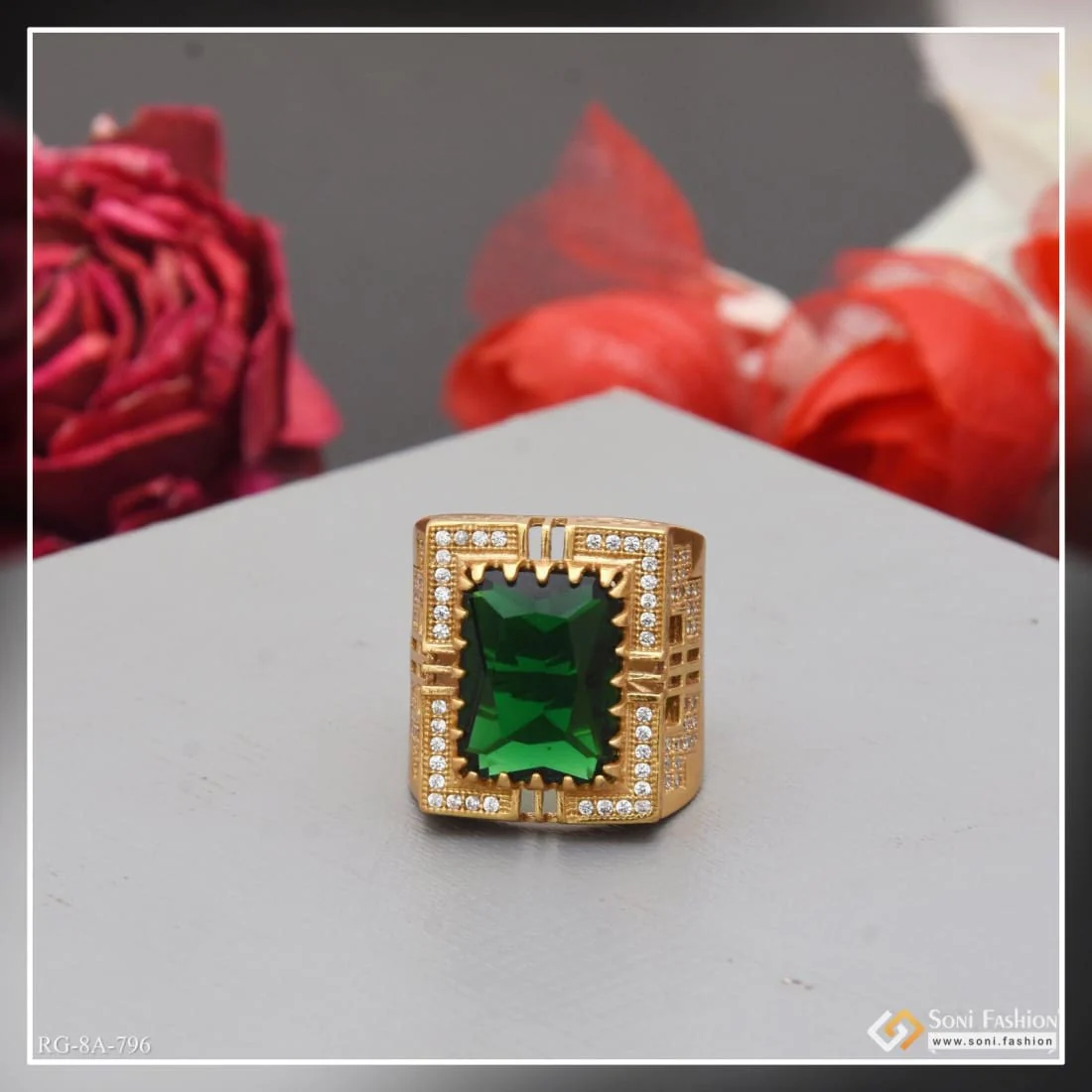Green Stone With Diamond Fashionable Design Gold Plated Ring For Men - Style A796 - Image 5