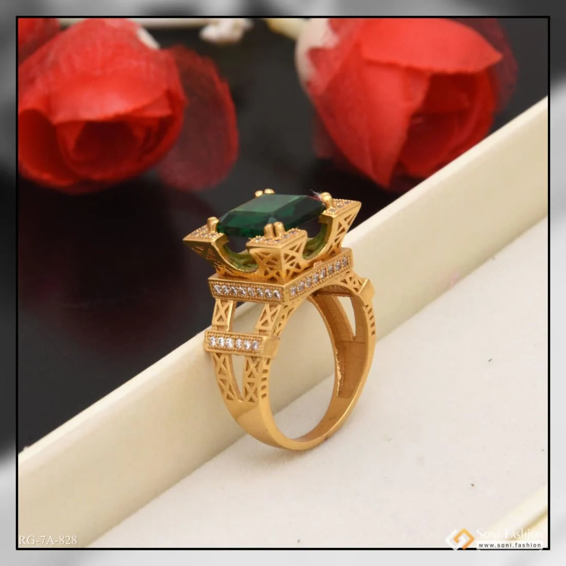 Green Stone Eiffel Tower Designer Design Best Quality Gold Plated Ring - Style A828 - Image 3
