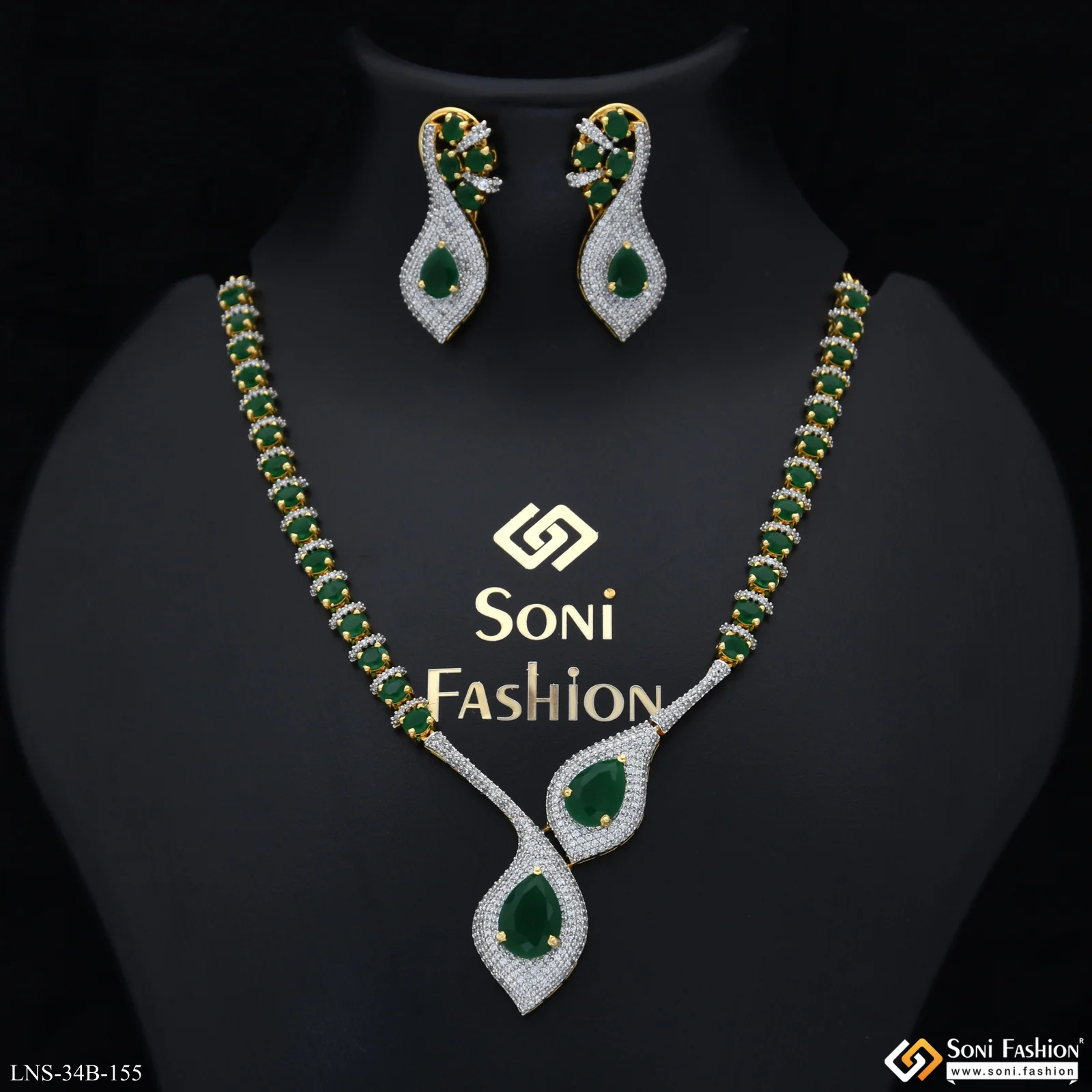 Green Stone Gold Plated Diamond Necklace Set for Ladies - Style B155