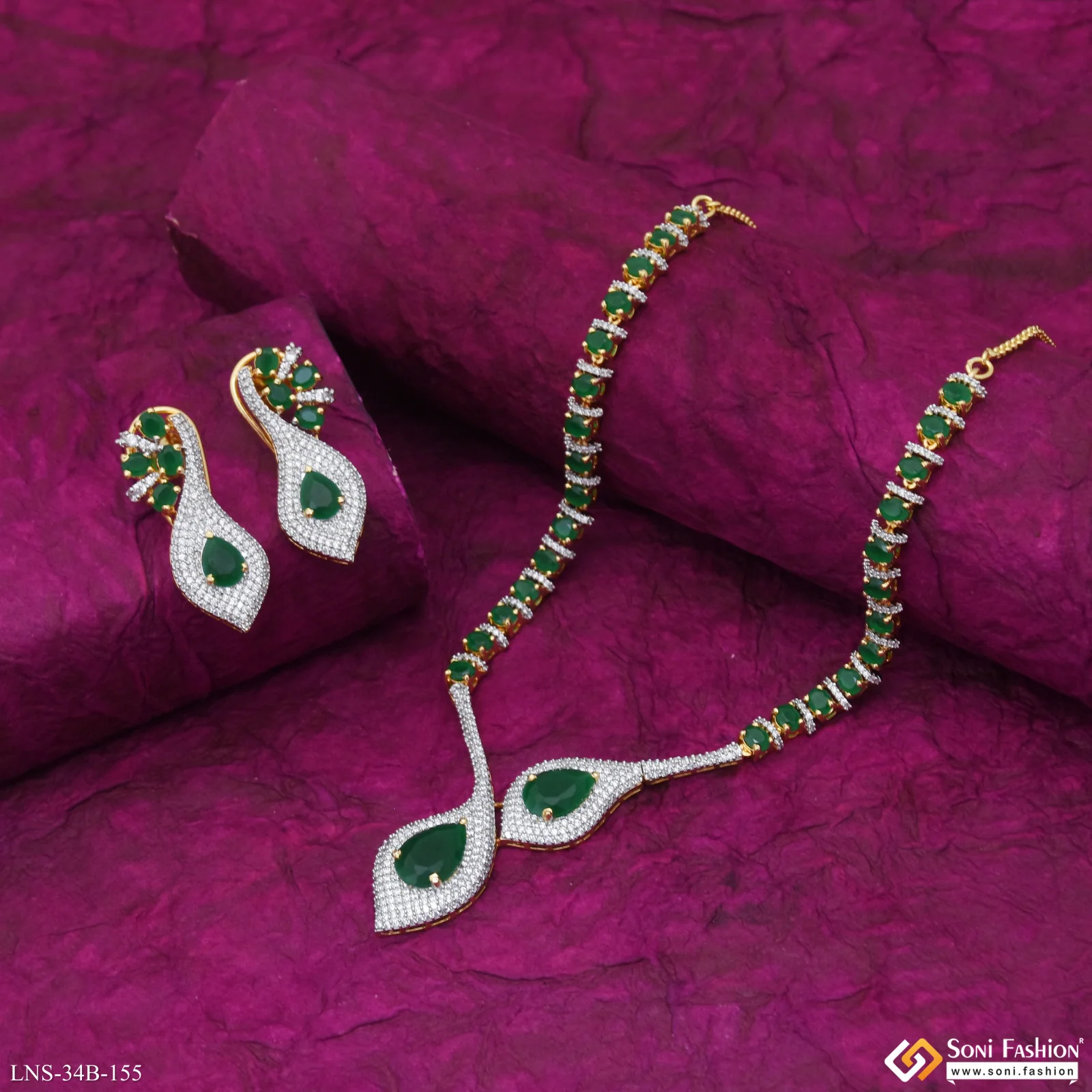 Green Stone Gold Plated Diamond Necklace Set for Ladies - Style B155 - Image 2