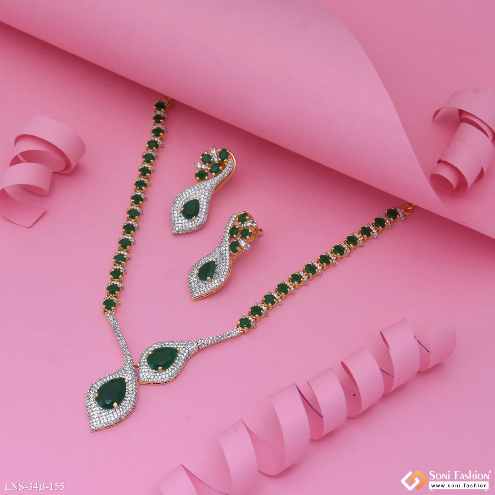 Green Stone Gold Plated Diamond Necklace Set for Ladies - Style B155 - Image 3