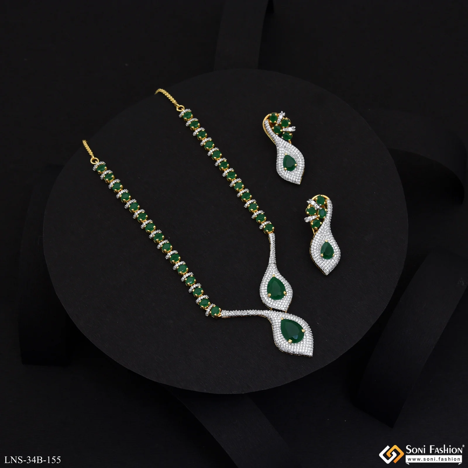 Green Stone Gold Plated Diamond Necklace Set for Ladies - Style B155 - Image 4