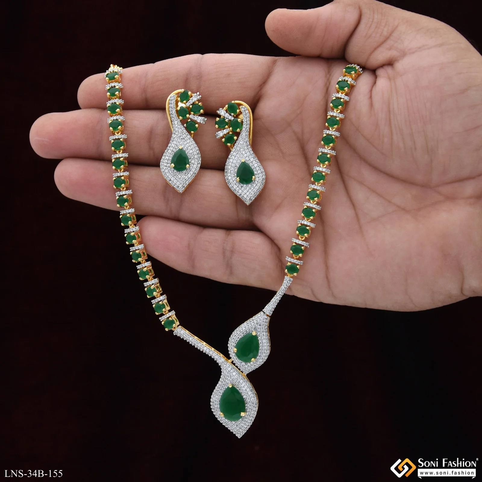 Green Stone Gold Plated Diamond Necklace Set for Ladies - Style B155 - Image 5