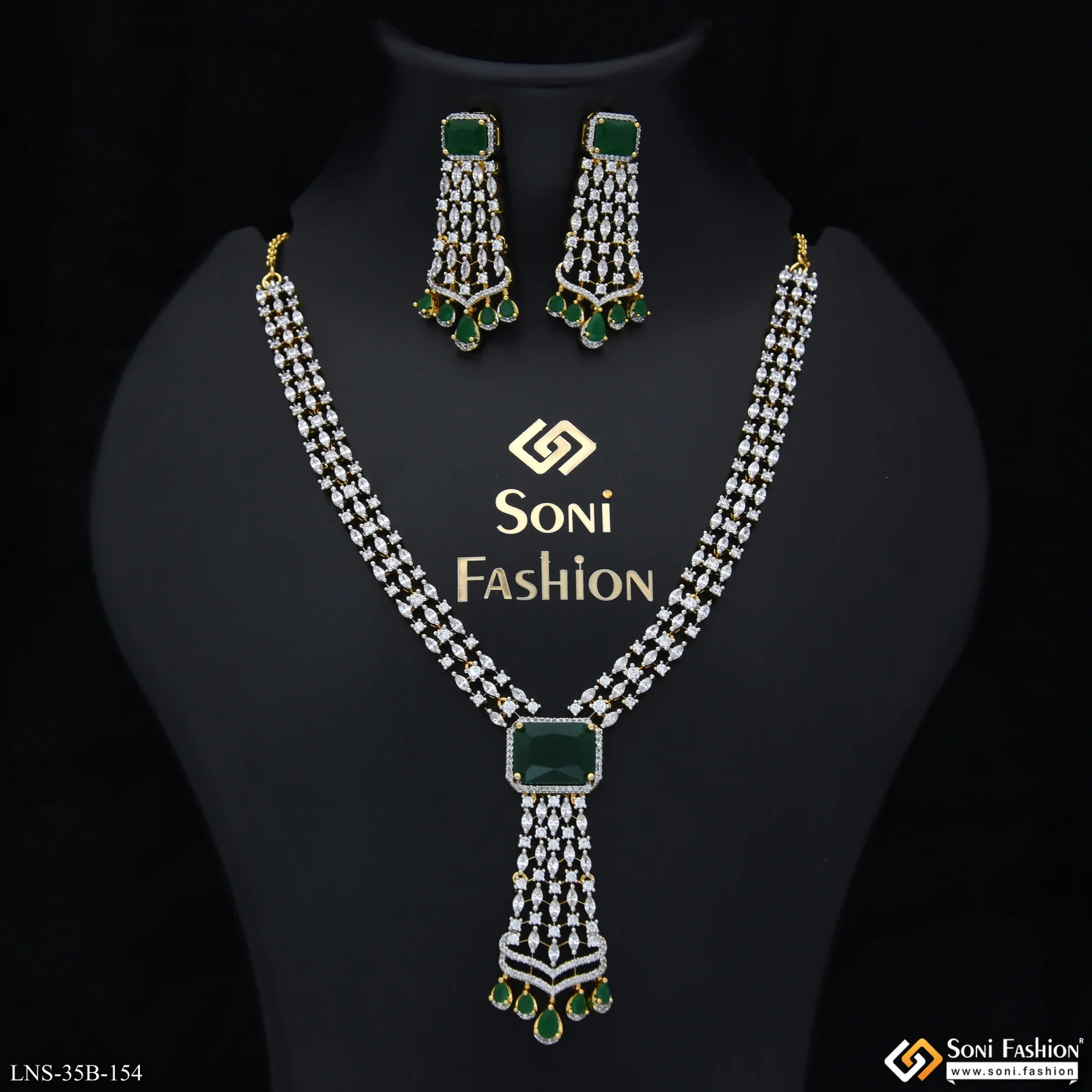 Green Stone New Style Gold Plated Diamond Necklace Set for Ladies - Style B154