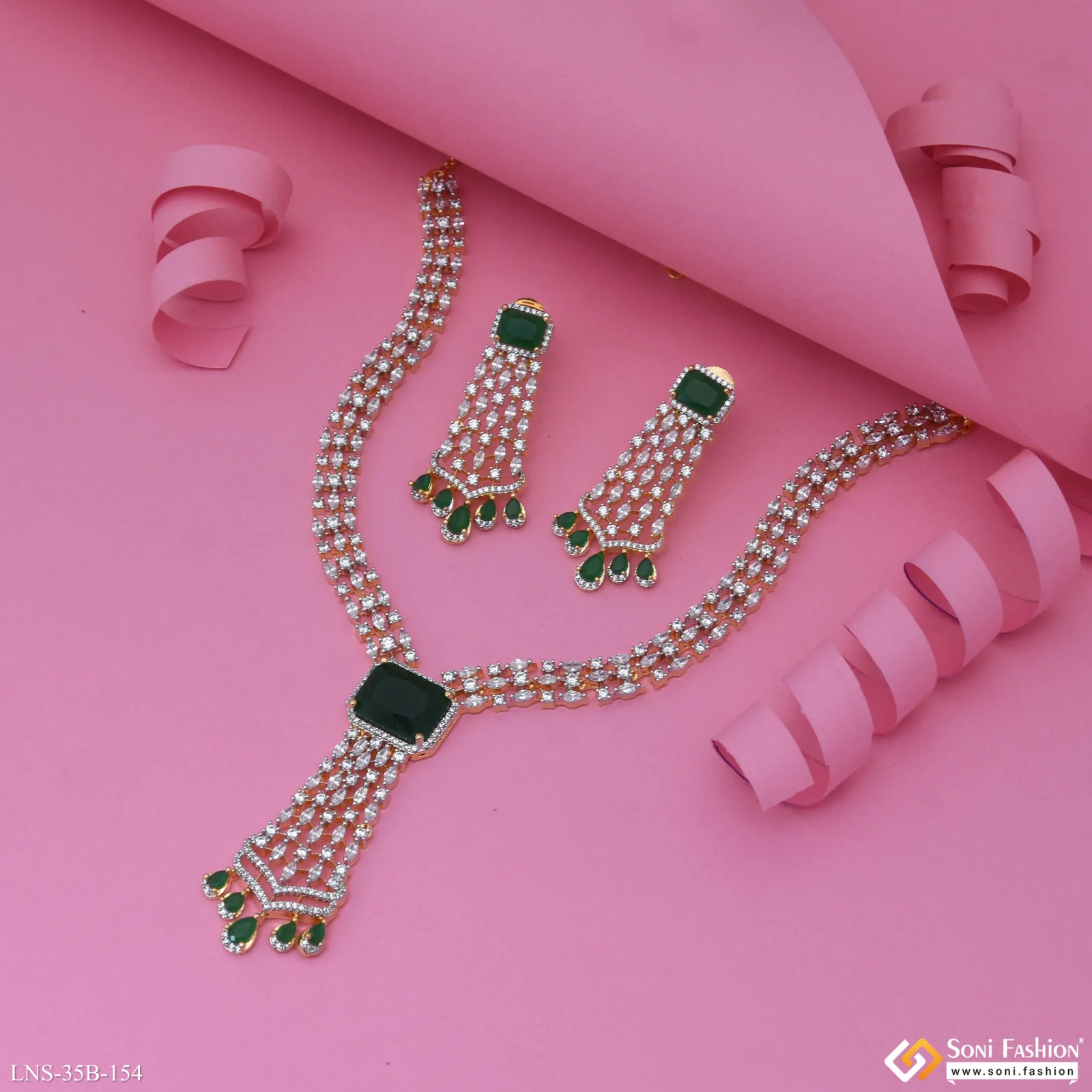 Green Stone New Style Gold Plated Diamond Necklace Set for Ladies - Style B154 - Image 4