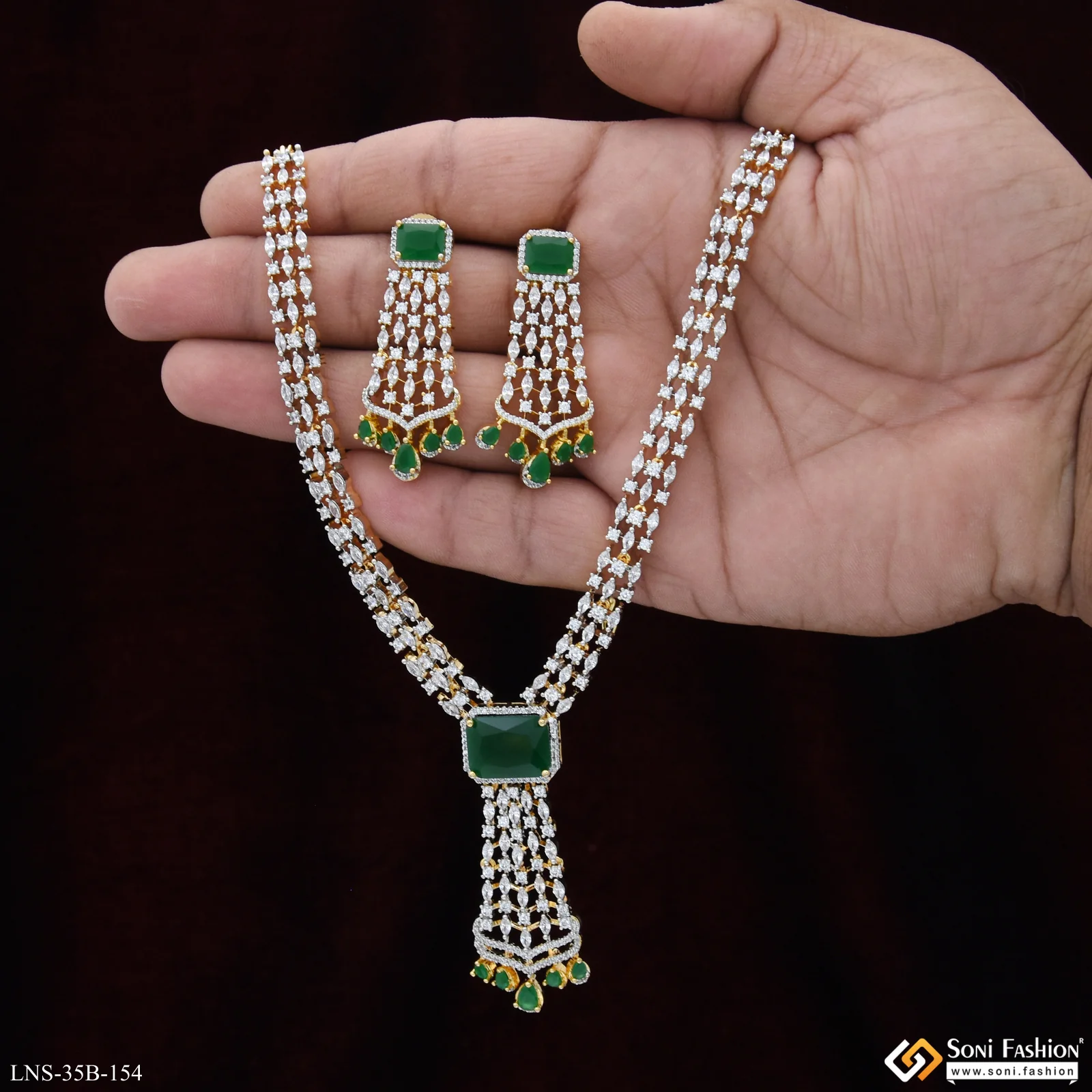 Green Stone New Style Gold Plated Diamond Necklace Set for Ladies - Style B154 - Image 5