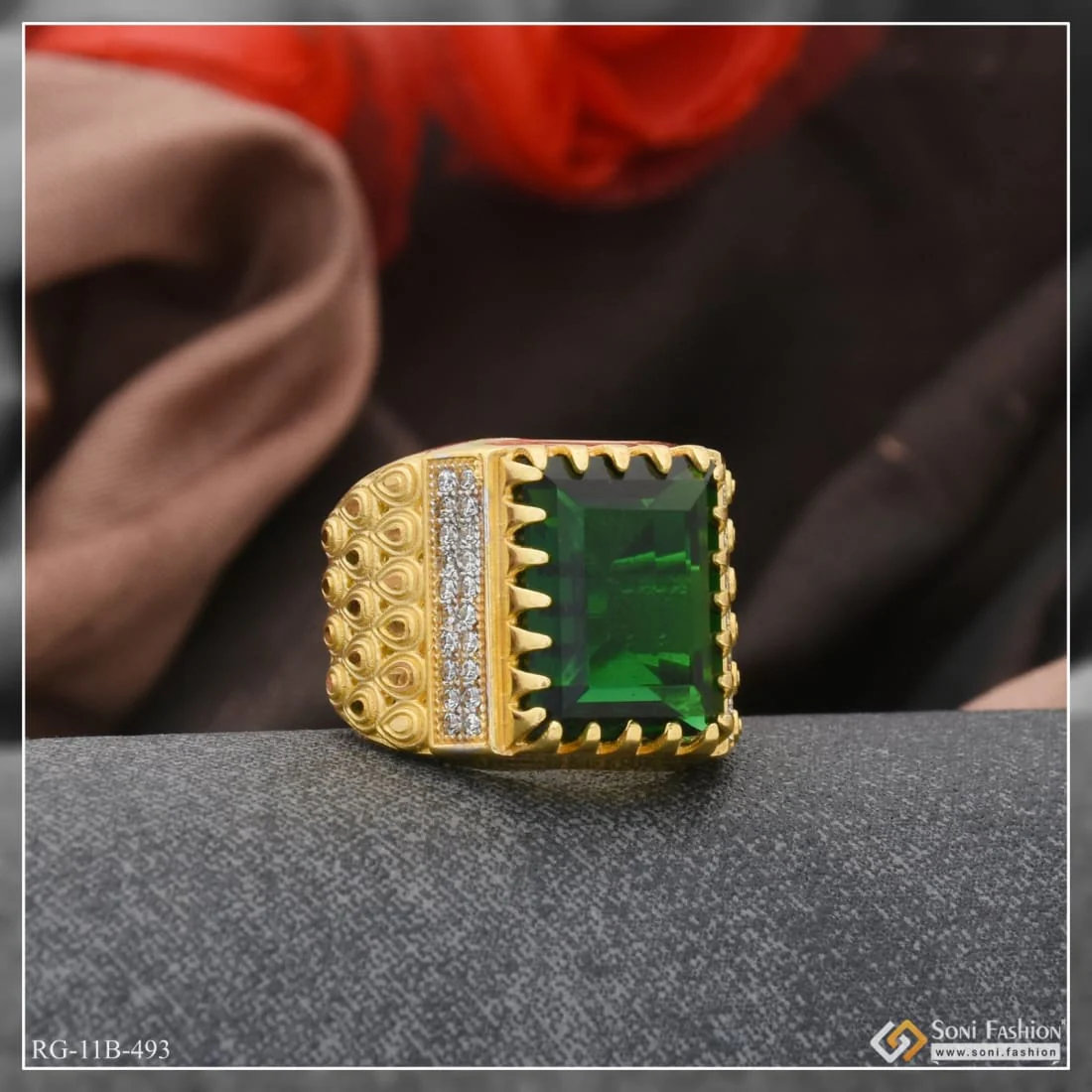 Green Stone with Diamond Extraordinary Design Gold Plated Ring for Men - Style B493 - Image 3