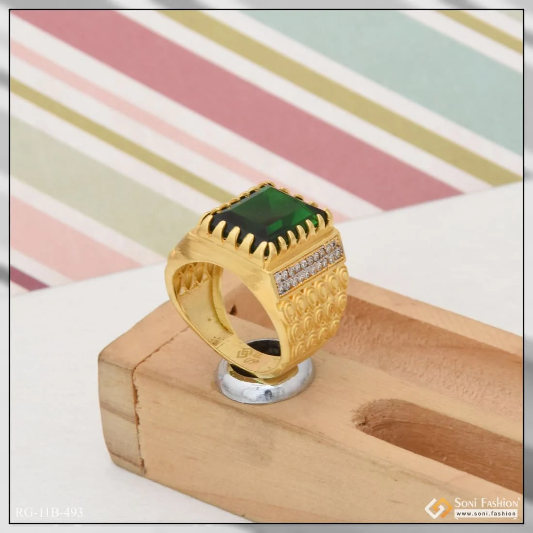 Green Stone with Diamond Extraordinary Design Gold Plated Ring for Men - Style B493 - Image 6