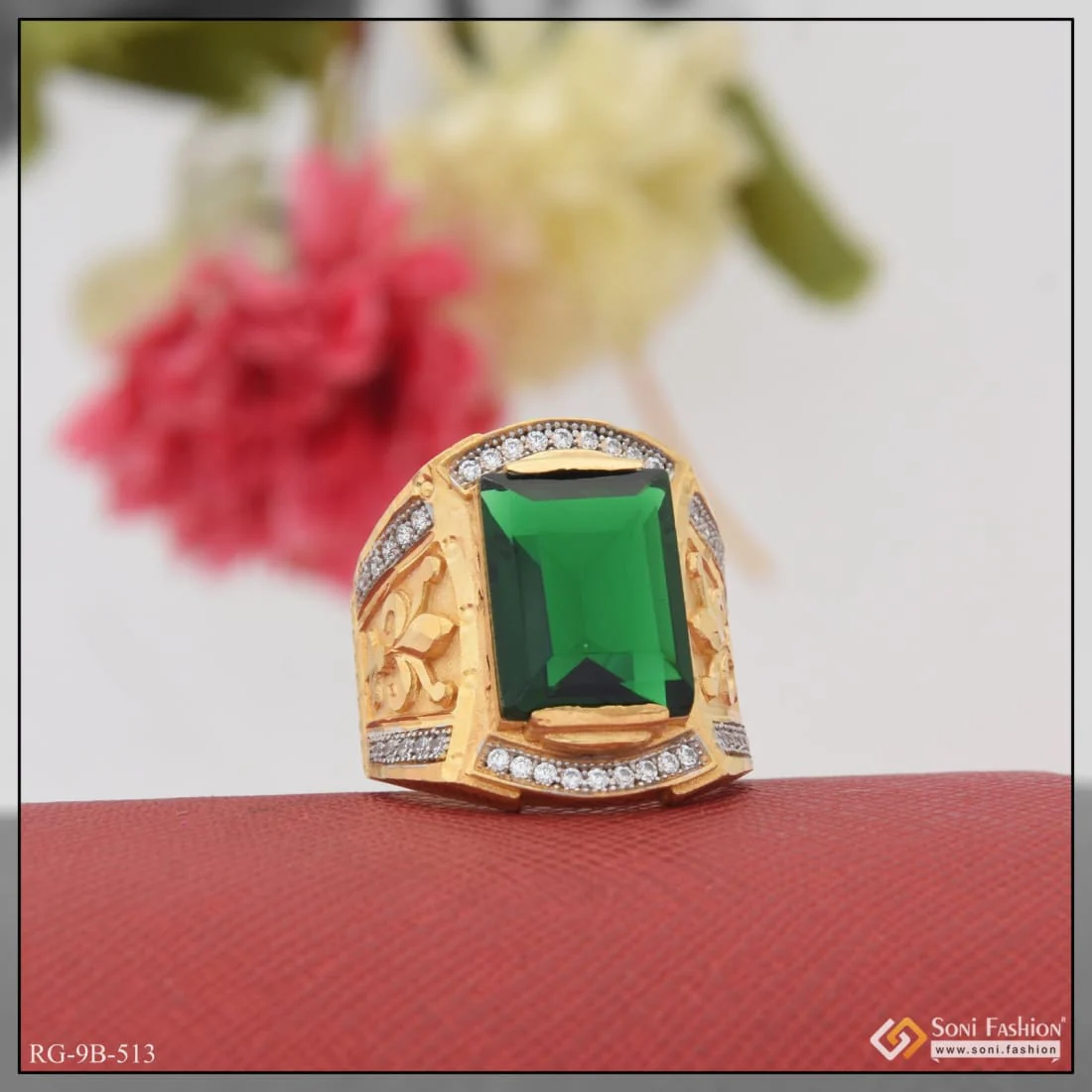 Green Stone With Diamond Trending Design Gold Plated Ring For Men - Style B513 - Image 3