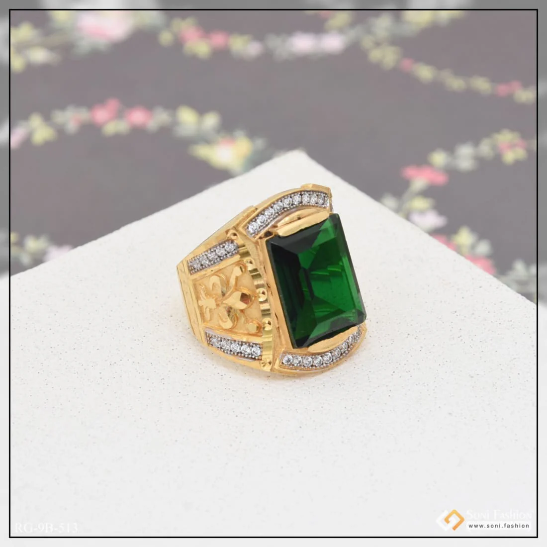 Green Stone With Diamond Trending Design Gold Plated Ring For Men - Style B513 - Image 4