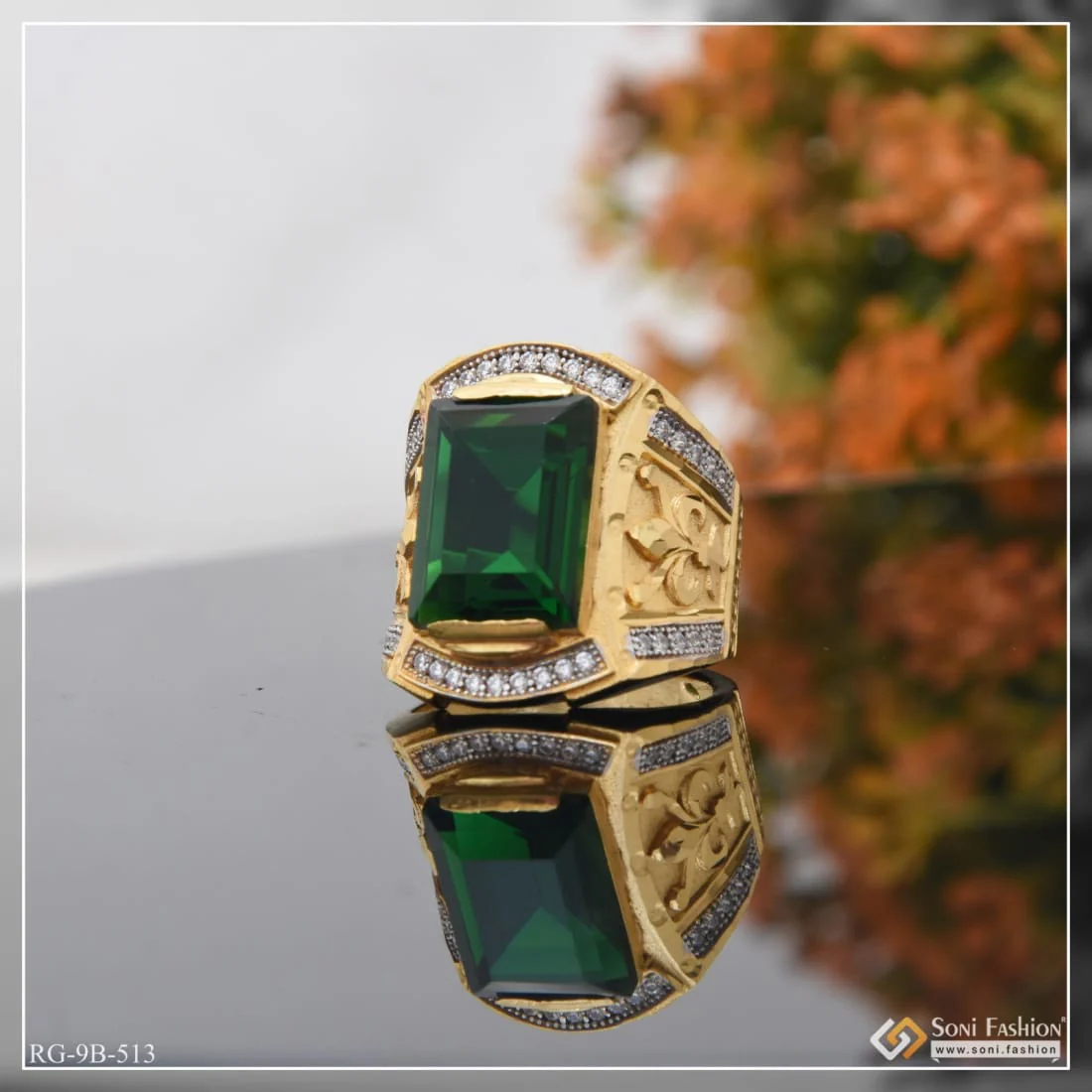 Green Stone With Diamond Trending Design Gold Plated Ring For Men - Style B513 - Image 5