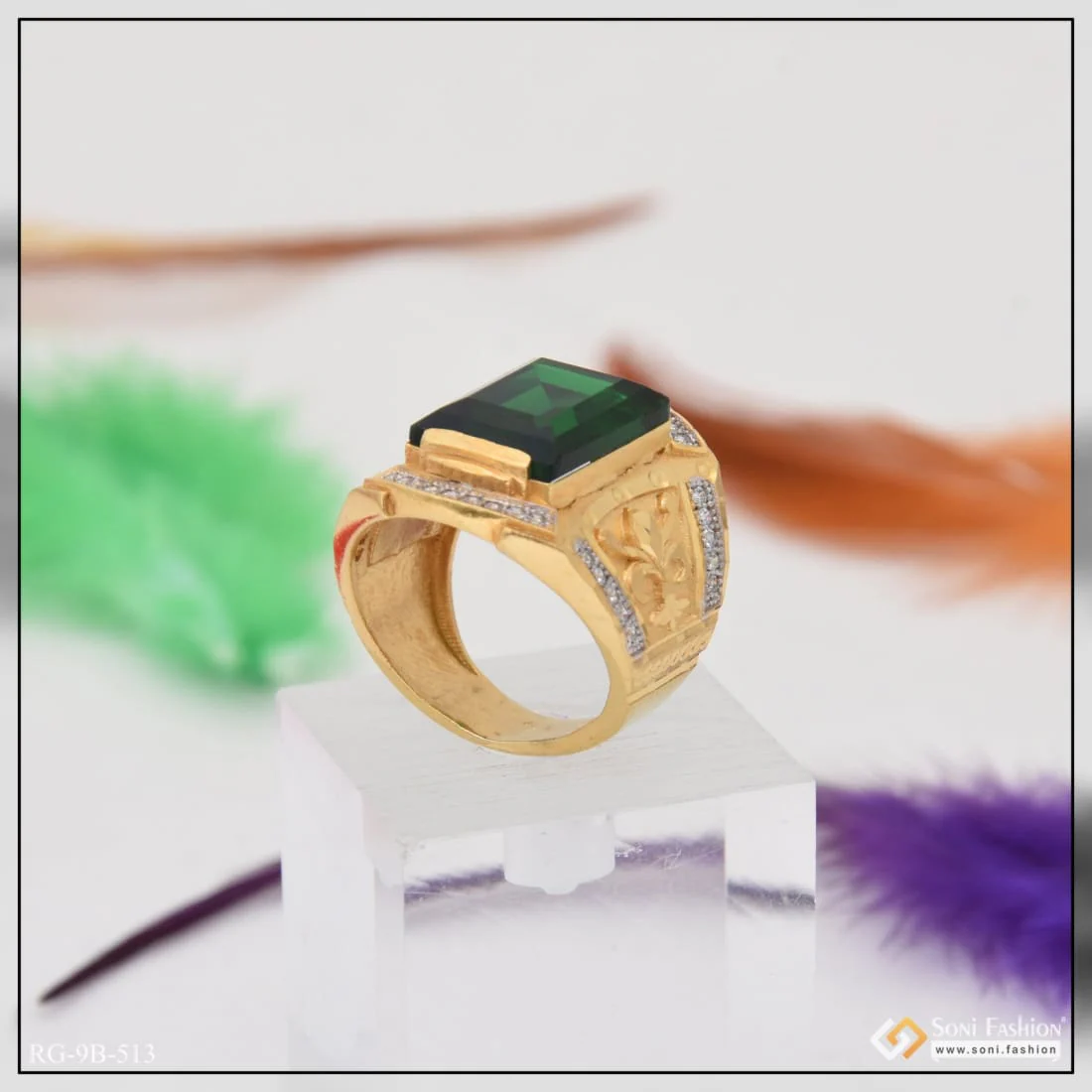 Green Stone With Diamond Trending Design Gold Plated Ring For Men - Style B513 - Image 6