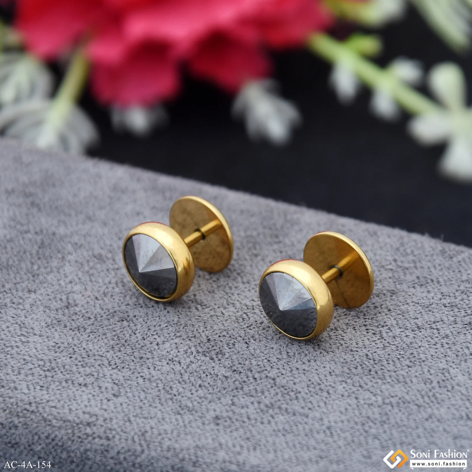 Grey Stone Golden Color Stud Earring for Men (2 Pc) - Style A154 - Image 3