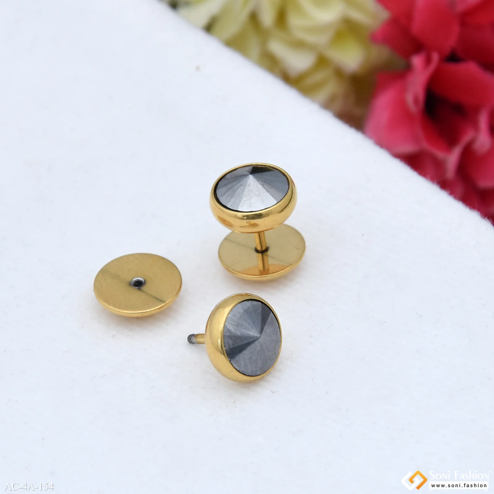 Grey Stone Golden Color Stud Earring for Men (2 Pc) - Style A154 - Image 4