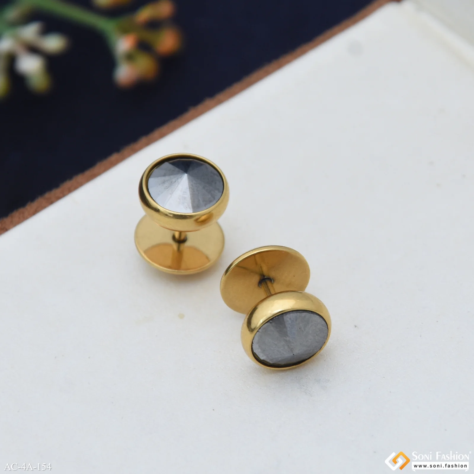 Grey Stone Golden Color Stud Earring for Men (2 Pc) - Style A154 - Image 5