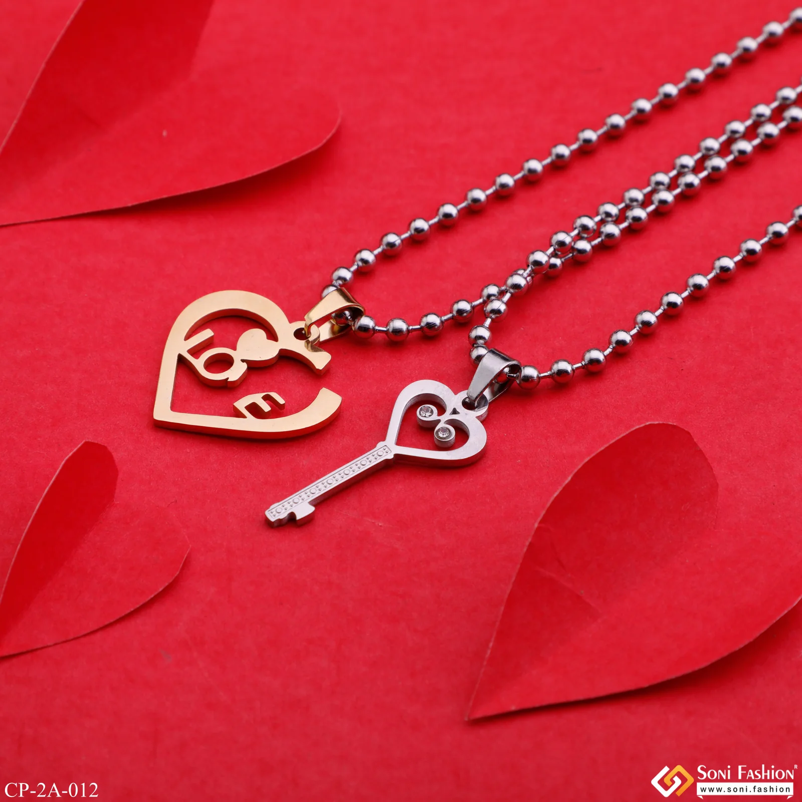 Heart with Key Locket With 2 Chain For Valentine Gift Pendant Set with Diamond - Style A012 - Image 5
