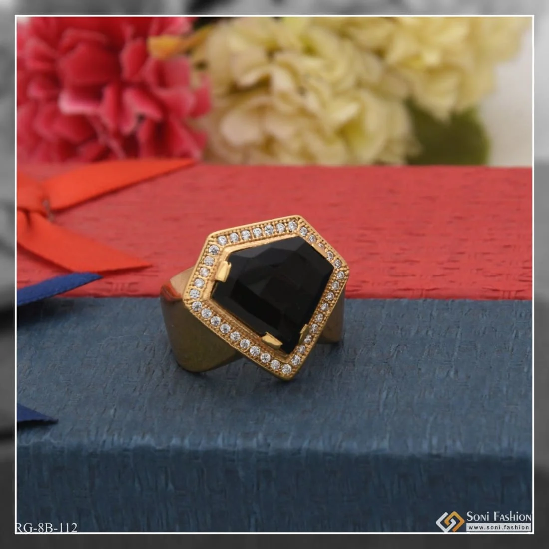 Heart Shape Black Stone with Diamond Artisanal Design Gold Plated Ring - Style B112 - Image 2