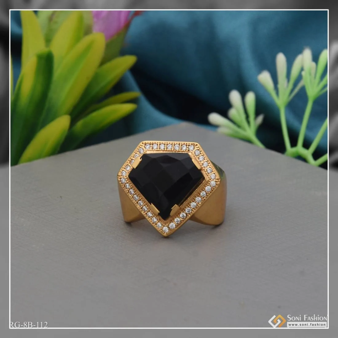 Heart Shape Black Stone with Diamond Artisanal Design Gold Plated Ring - Style B112 - Image 3