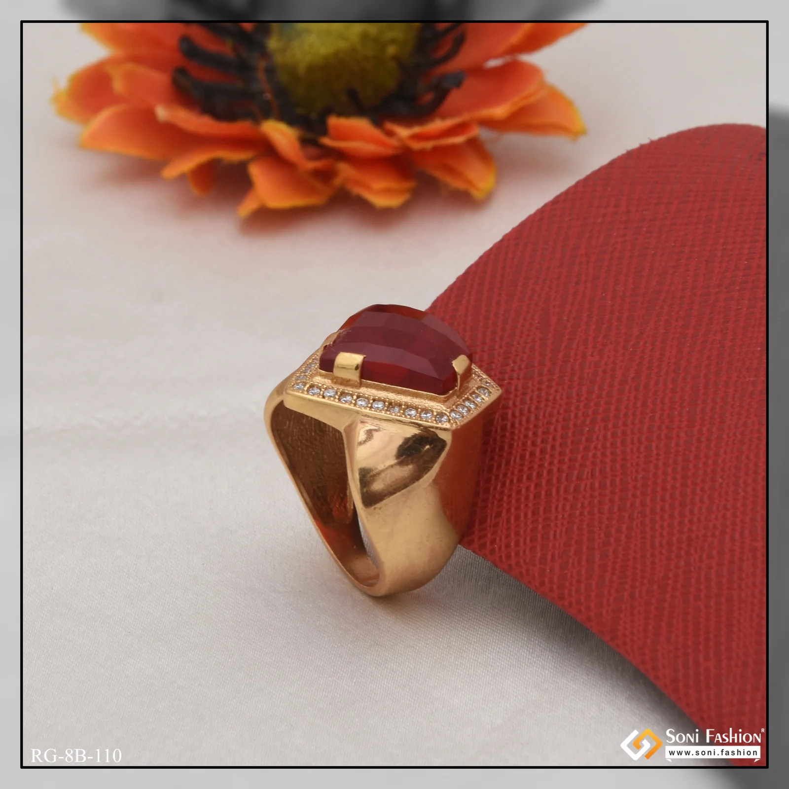 Heart Shape Red Stone With Diamond Fashionable Design Gold Plated Ring - Style B110 - Image 3