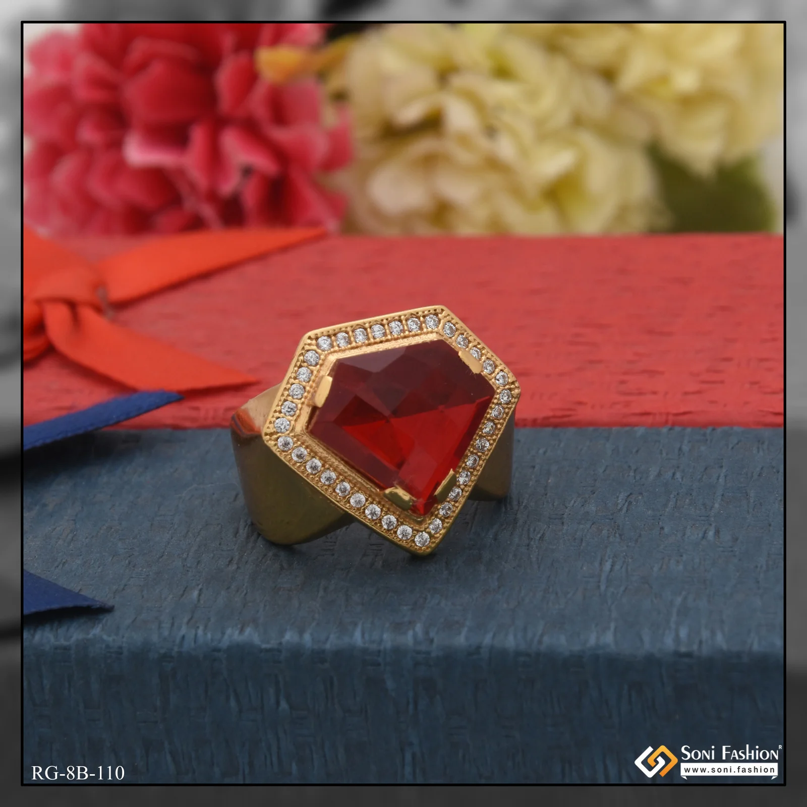 Heart Shape Red Stone With Diamond Fashionable Design Gold Plated Ring - Style B110 - Image 4